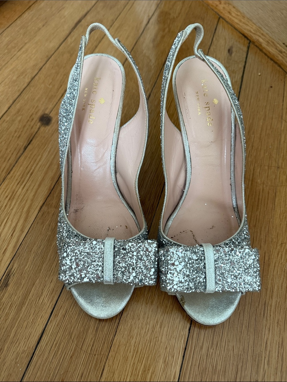 kate spade Silver Glitter Bow Slingback Heels with Pink Insole